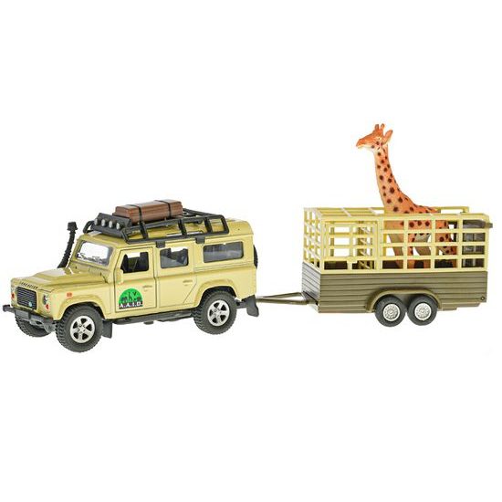 Kids Globe Traffic Land Rover Defender 14cm kov na zpětný chod s přívěsem 14cm a žirafou v krabičce