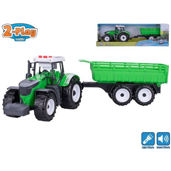 2-Play Traffic traktor s vlečkou 45cm na setrvačník na baterie se světlem a zvukem v krabičce
