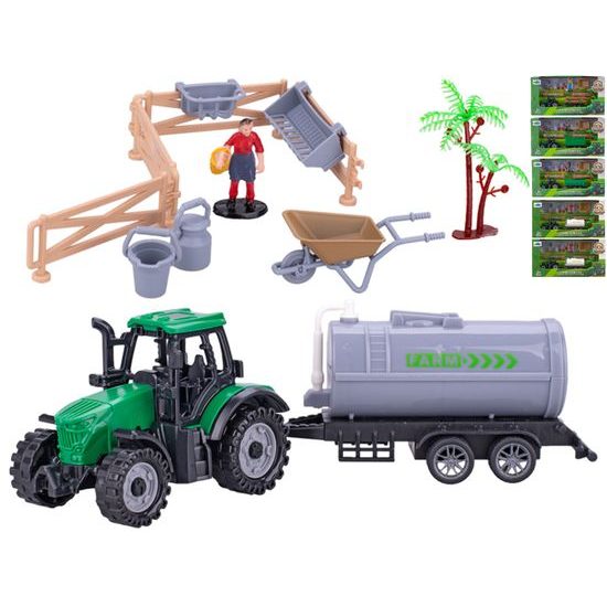 Traktor s vlečkou 19cm volný chod s doplňky 5druhů v krabičce