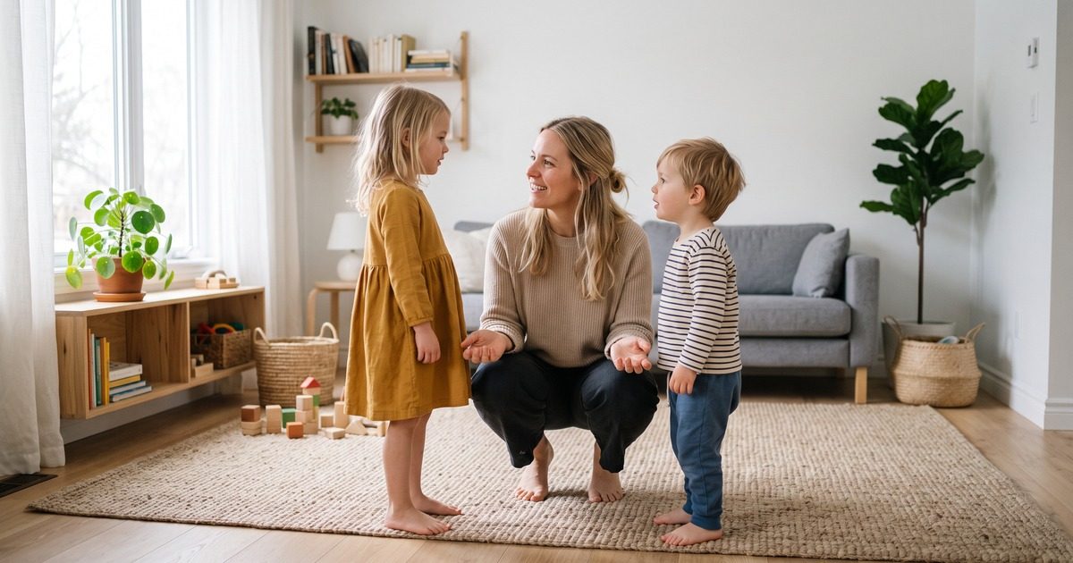 Maminka v podřepu mezi dvěma dětmi klidně popisuje situaci