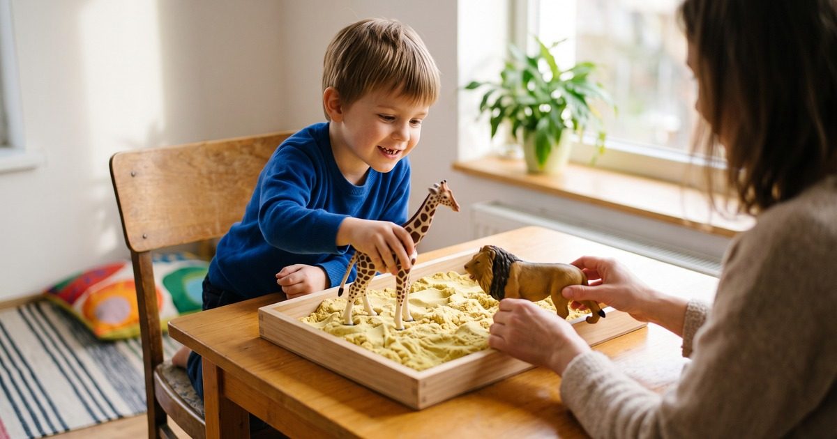 Chlapec si doma přehrává hřiště s figurkami žirafy a lva v kinetickém písku