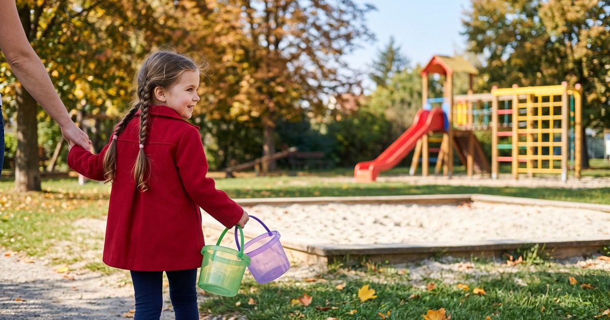 Holčička s průhlednými kyblíčky jde dopoledne na klidné hřiště