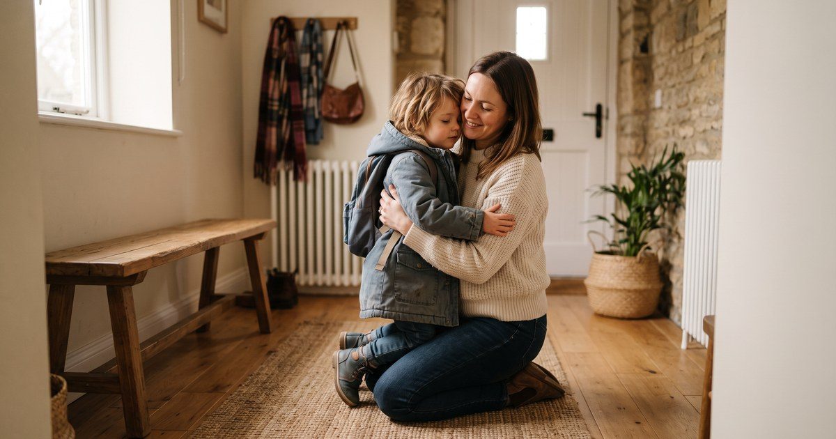 Máma vítá a konejší unavené dítě po příchodu ze školky