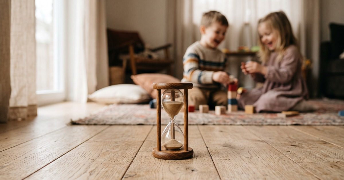 Přesýpací hodiny hlídají střídání, děti si hrají v pozadí