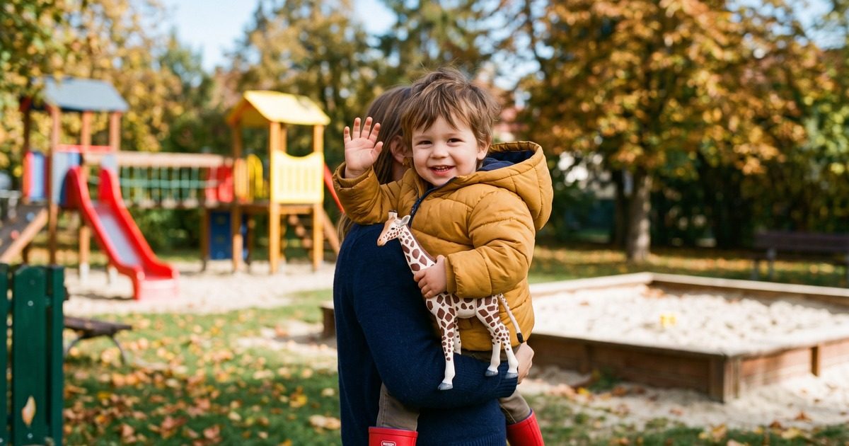 Batole v náručí mává hřišti na rozloučenou a drží figurku žirafy