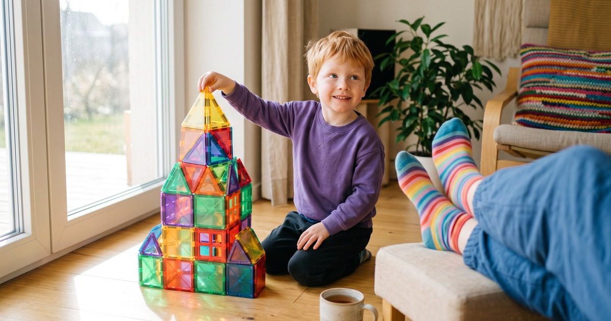 Chlapec staví věž z magnetické stavebnice Connetix, máma odpočívá s nohama nahoře