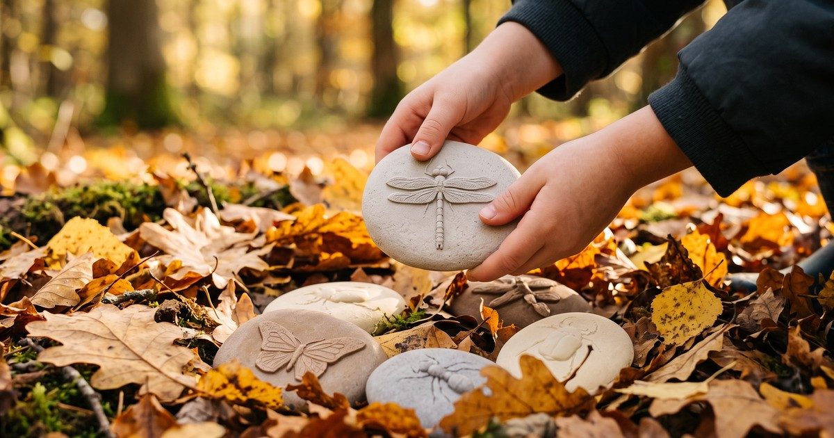 Dětská ruka zvedá hmatový kámen s vážkou z podzimního listí