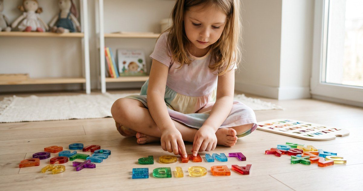 Dívka skládá pryskyřicovou abecedu na podlaze
