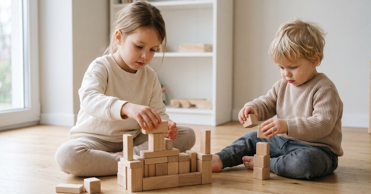 Starší sestra a mladší bratr si hrají s dřevěnými kostkami
