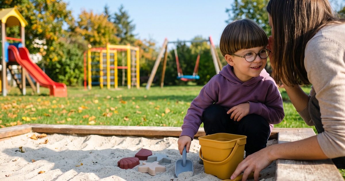 Maminka chlapci na pískovišti pošeptá povzbudivou větu