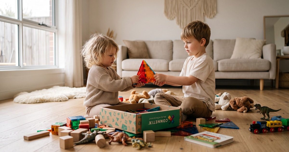 Dva sourozenci se přetahují o jeden dílek magnetické stavebnice