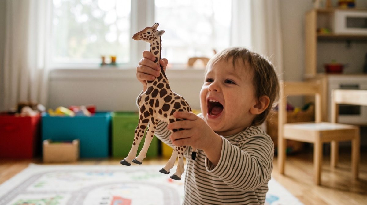 Dítě napodobuje zvuky zvířat s figurkou žirafy
