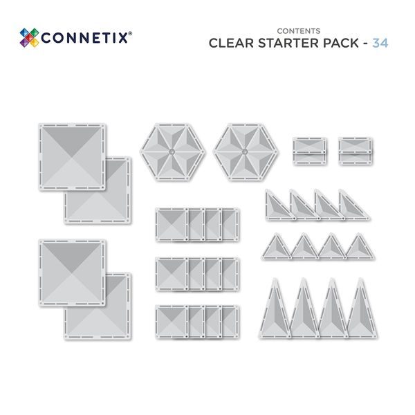 Connetix Tiles 34 ks - Magnetická stavebnice Clear - průhledná sada