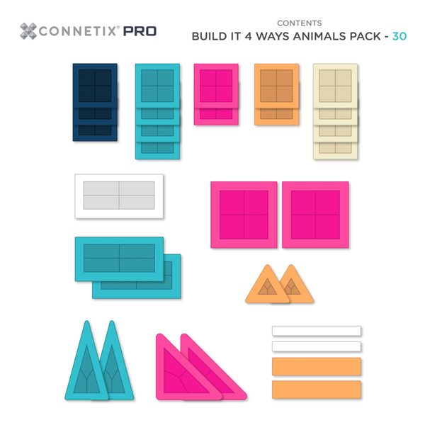 Connetix Tiles 30 ks - Magnetická stavebnice PRO Build It 4 Ways - Zvířata
