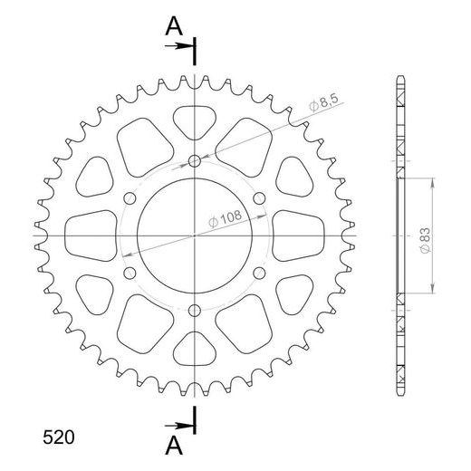 Aluminijasti zadnji verižnik (zobnik) SUPERSPROX RAL-404:44-RED rdeč 44T, 520