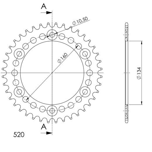 Aluminijasti zadnji verižnik (zobnik) SUPERSPROX RAL-1308:39-BLK črna 39T, 520