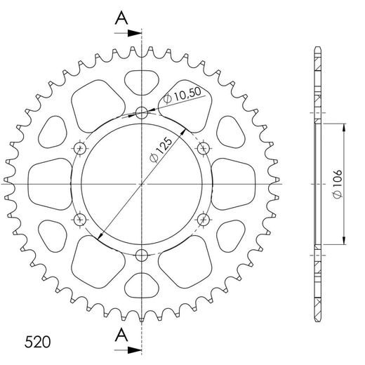Aluminijasti zadnji verižnik (zobnik) SUPERSPROX RAL-2013:44-BLK črna 44T, 520
