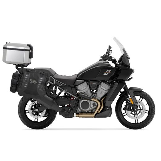 Complete set of SHAD TERRA TR40 adventure saddlebags and SHAD TERRA aluminium 37L topcase, including mounting kit SHAD Harley Davidson Pan America 1250