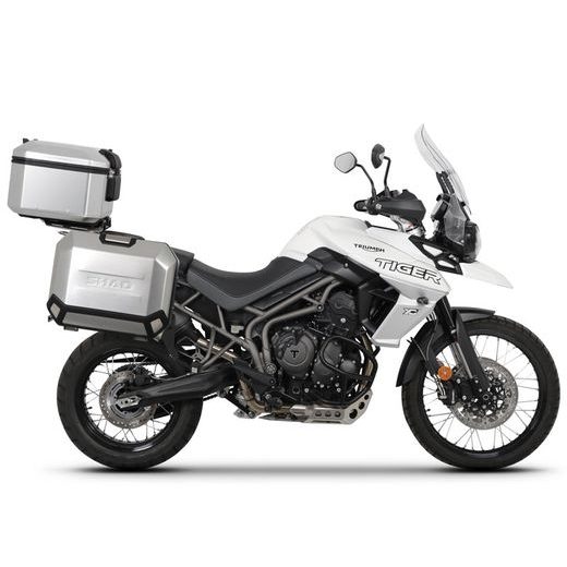 Komplet aluminijastih kovčkov z nosilci in ploščo SHAD TERRA, 37L zadnji kovček in 36L/47L stranski kovčki SHAD TRIUMPH Tiger 800