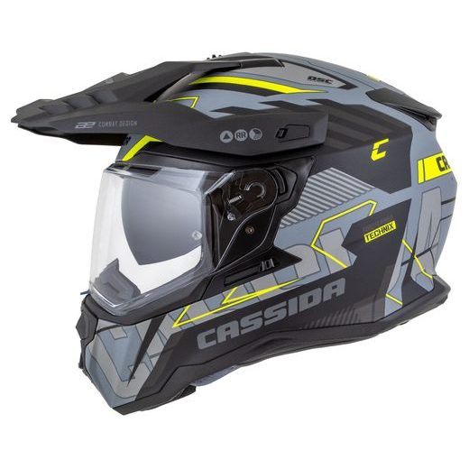 Motocross Helmet CASSIDA ROAD RUNNER TechniX grey matt/ black/ yellow fluo/ black matt peak M