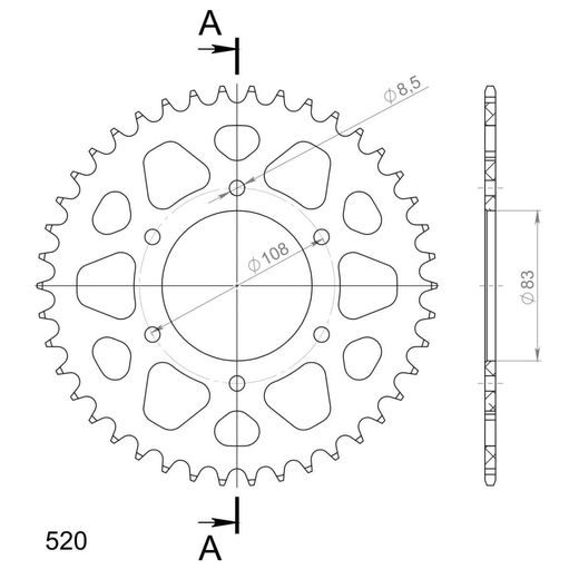 Aluminijasti zadnji verižnik (zobnik) SUPERSPROX RAL-404:42-RED rdeč 42T, 520