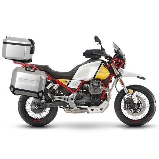 Komplet aluminijastih kovčkov z nosilci in ploščo SHAD TERRA, 48L zadnji kovček in 36L/47L stranski kovčki SHAD MOTO GUZZI V 85 TT