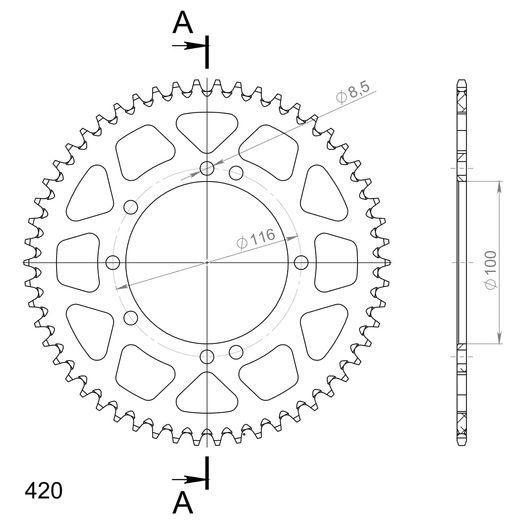 Aluminijasti zadnji verižnik (zobnik) SUPERSPROX RAL-457:54-BLK črna 54T, 420