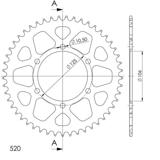 Aluminijasti zadnji verižnik (zobnik) SUPERSPROX RAL-2013:49-BLK črna 49T, 520