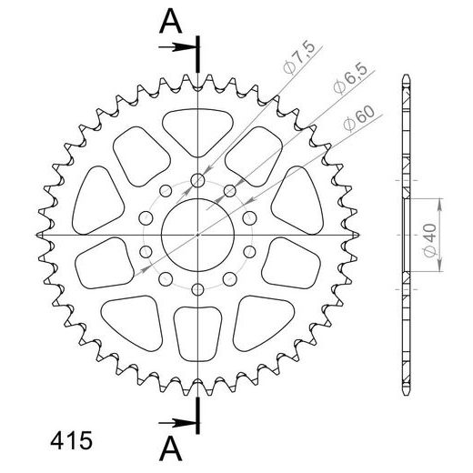 Aluminijasti zadnji verižnik (zobnik) SUPERSPROX RAL-451:42-BLK črna 43T, 415