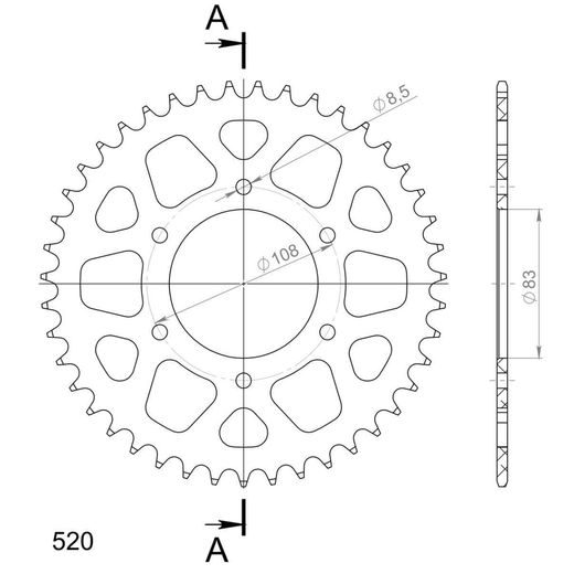 Aluminijasti zadnji verižnik (zobnik) SUPERSPROX RAL-404:43-RED rdeč 43T, 520