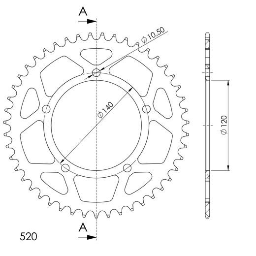 Rear ALU sprocket SUPERSPROX RAL-1793:47-BLK črna 47T, 520