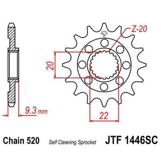 Sprednji verižnik JT JTF 1446-14SC 14T, 520 Self Cleaning Lightweight