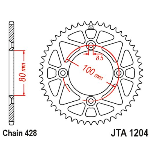 Aluminijasti zadnji verižnik (zobnik) JT JTA 1204-46RED 46)T, nt((428 Rdeč