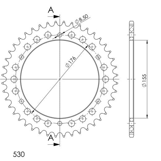 Aluminijasti zadnji verižnik (zobnik) SUPERSPROX RAL-2011:44-BLK črna 44T, 530