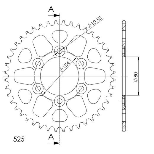 Aluminijasti zadnji verižnik (zobnik) SUPERSPROX RAL-1489:44-BLK črna 44T, 525