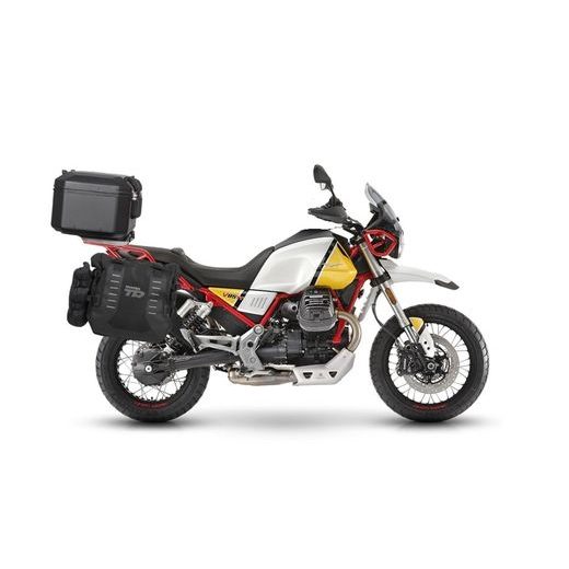 Set of SHAD TERRA TR40 adventure saddlebags and SHAD TERRA aluminium top case TR55 PURE BLACK, including mounting kit SHAD MOTO GUZZI V85TT