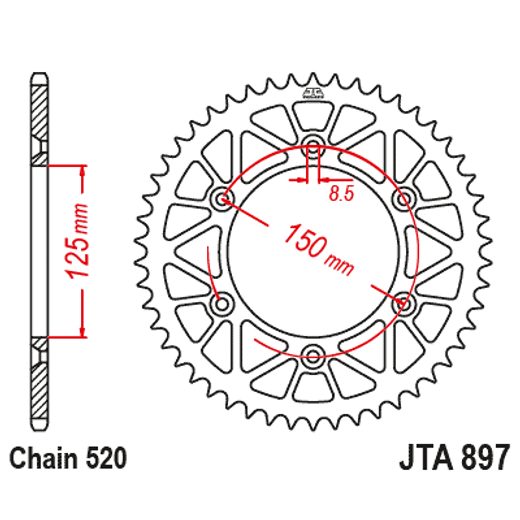 Aluminijasti zadnji verižnik (zobnik) JT JTA 897-50RED 50T, 520 Rdeč