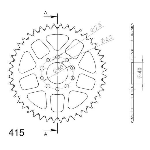 Aluminijasti zadnji verižnik (zobnik) SUPERSPROX RAL-451:44-BLK črna 44T, 415