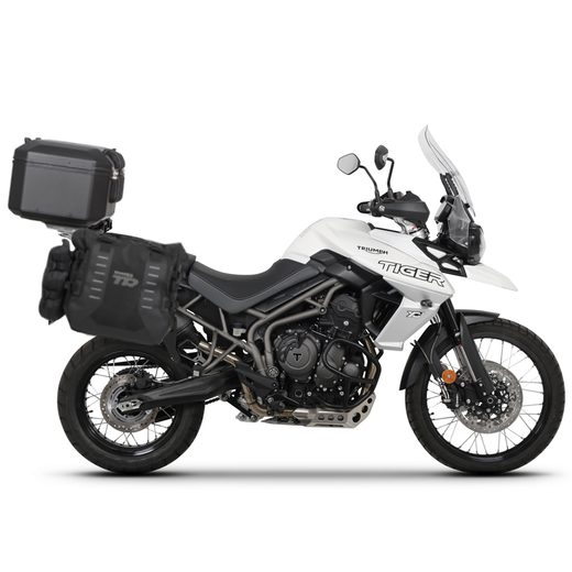 Complete set of SHAD TERRA TR40 adventure saddlebags and SHAD TERRA BLACK aluminium 55L topcase, including mounting kit SHAD TRIUMPH Tiger 800