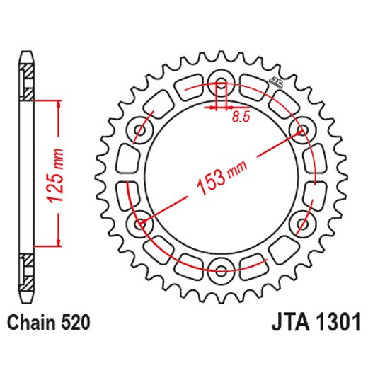 Aluminijasti zadnji verižnik (zobnik) JT JTA 1301-40RED 40)T, nt((520 Rdeč