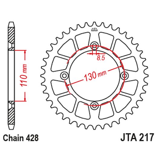 Aluminijasti zadnji verižnik (zobnik) JT JTA 217-50BLK 50T, 428 Črn