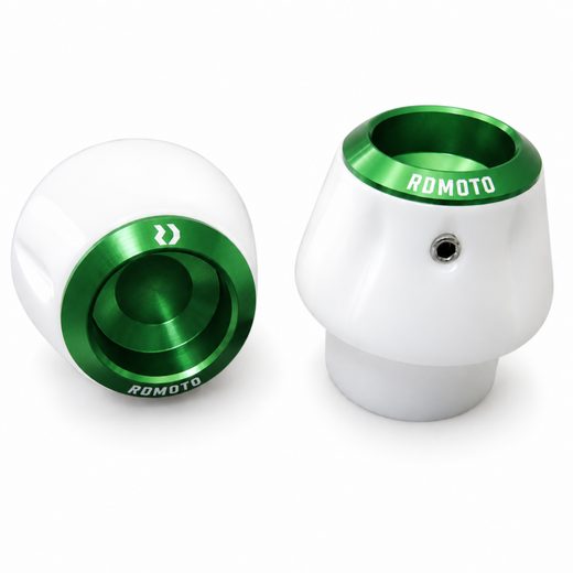 Crash protectors RDMOTO KTM13N bela with green caps za KTM Super Duke 1290 / R 2014-2025, KTM Super Duke 1390 R / R EVO 2024-2026