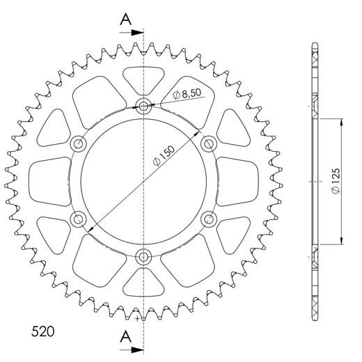 Aluminijasti zadnji verižnik (zobnik) SUPERSPROX RAL-990:54-BLK črna 54T, 520