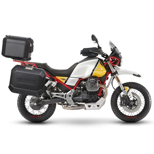 Komplet aluminijastih kovčkov z nosilci in ploščo SHAD TERRA BLACK, 48L zadnji kovček in 36L/47L stranski kovčki SHAD MOTO GUZZI V 85 TT