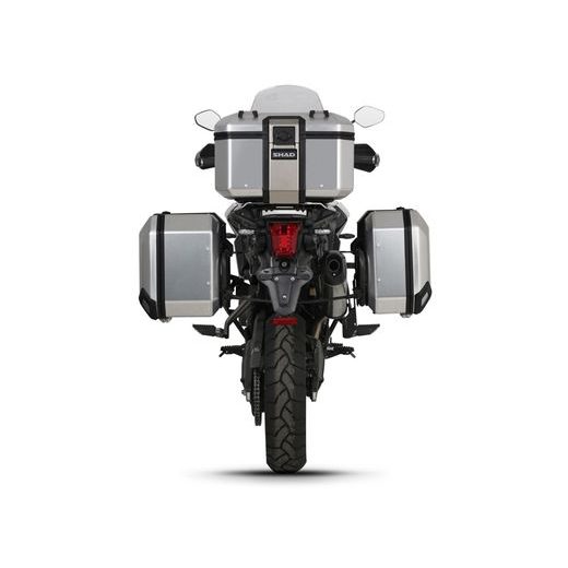 Komplet aluminijastih kovčkov z nosilci in ploščo SHAD TERRA, 37L zadnji kovček in 36L/47L stranski kovčki SHAD TRIUMPH Tiger 800