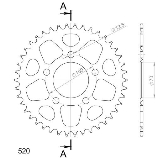Aluminijasti zadnji verižnik (zobnik) SUPERSPROX RAL-728:42-BLK črna 42T, 520