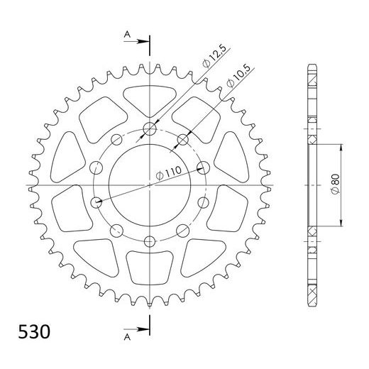 Aluminijasti zadnji verižnik (zobnik) SUPERSPROX RAL-1334:45-BLK črna 45T, 530