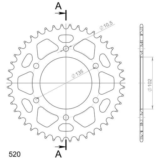 Aluminijasti zadnji verižnik (zobnik) SUPERSPROX RAL-401:44-RED rdeč 44T, 520