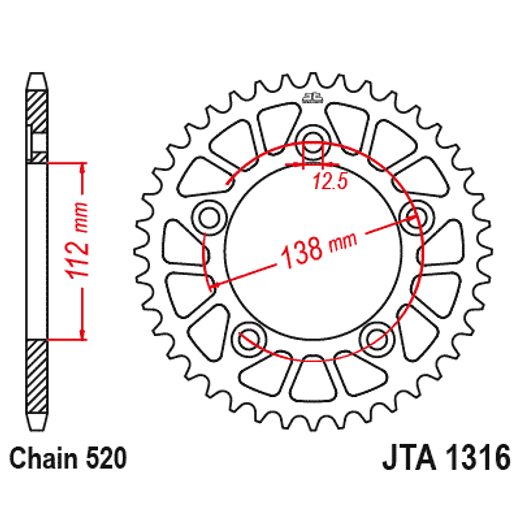 Aluminijasti zadnji verižnik (zobnik) JT JTA 1316-44BLK 44T, 520 Črn