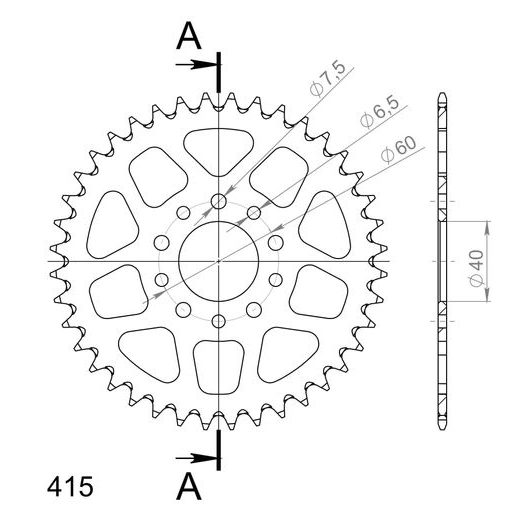 Aluminijasti zadnji verižnik (zobnik) SUPERSPROX RAL-451:40-BLK črna 40T, 415